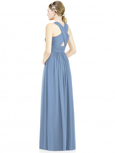 Bleu poussiéreux Trapèze Col V Mousseline Longue Robes demoiselle d'honneur