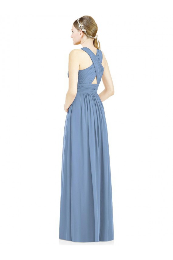 Bleu poussiéreux Trapèze Col V Mousseline Longue Robes demoiselle d'honneur Pas Cher