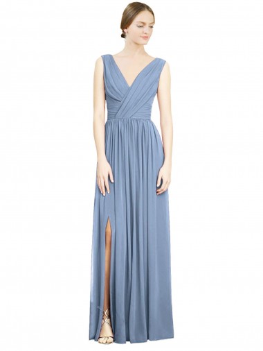 Bleu poussiéreux Trapèze Col V Mousseline Longue Robes demoiselle d'honneur Pas Cher