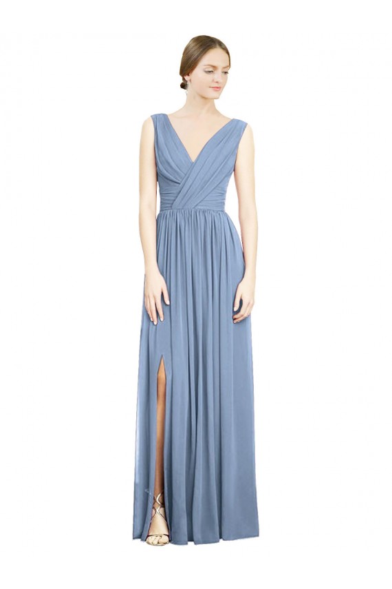 Bleu poussiéreux Trapèze Col V Mousseline Longue Robes demoiselle d'honneur Pas Cher