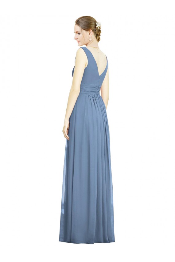 Bleu poussiéreux Trapèze Col V Mousseline Longue Robes demoiselle d'honneur Pas Cher
