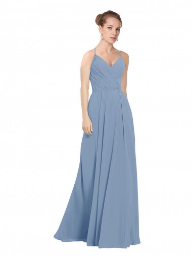 Bleu poussiéreux Trapèze Col V Mousseline Longue Robes demoiselle d'honneur Pas Cher