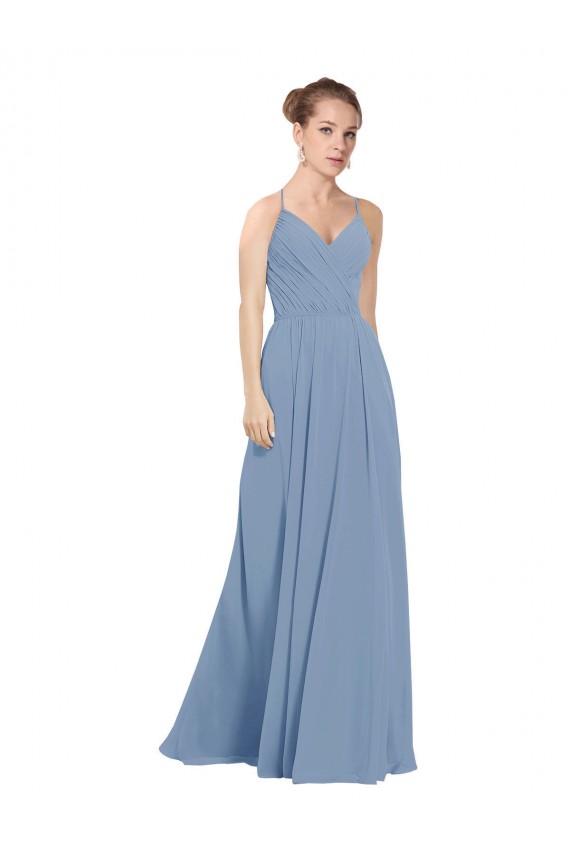 Bleu poussiéreux Trapèze Col V Mousseline Longue Robes demoiselle d'honneur Pas Cher