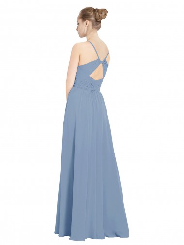 Bleu poussiéreux Trapèze Col V Mousseline Longue Robes demoiselle d'honneur