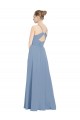 Bleu poussiéreux Trapèze Col V Mousseline Longue Robes demoiselle d'honneur Pas Cher