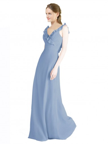 Bleu poussiéreux Trapèze Col V Mousseline Longue Robes demoiselle d'honneur Pas Cher