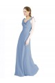Bleu poussiéreux Trapèze Col V Mousseline Longue Robes demoiselle d'honneur Pas Cher