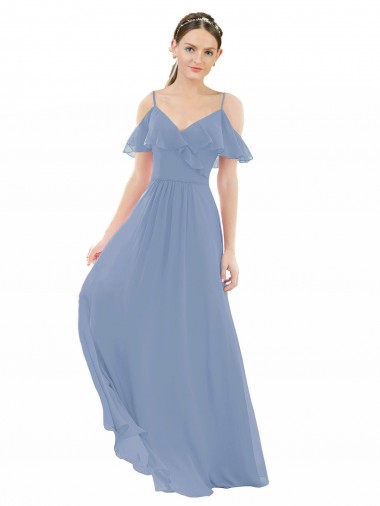 Bleu poussiéreux Trapèze Col V Mousseline Longue Robes demoiselle d'honneur Pas Cher