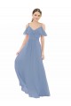 Bleu poussiéreux Trapèze Col V Mousseline Longue Robes demoiselle d'honneur Pas Cher