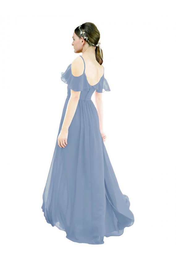 Bleu poussiéreux Trapèze Col V Mousseline Longue Robes demoiselle d'honneur Pas Cher