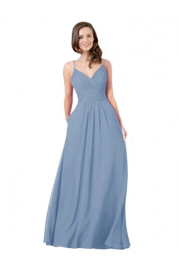 Bleu poussiéreux Trapèze Col V Mousseline Longue Robes demoiselle d'honneur Pas Cher