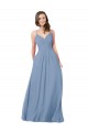 Bleu poussiéreux Trapèze Col V Mousseline Longue Robes demoiselle d'honneur Pas Cher