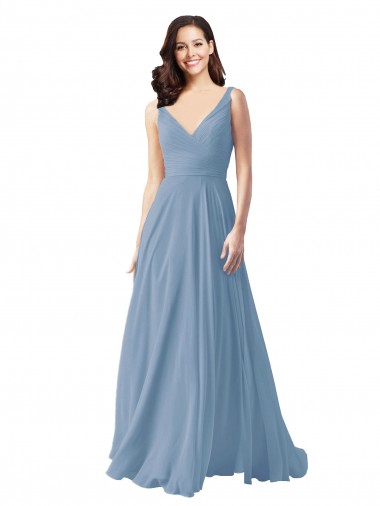 Bleu poussiéreux Trapèze Col V Mousseline Longue Robes demoiselle d'honneur Pas Cher