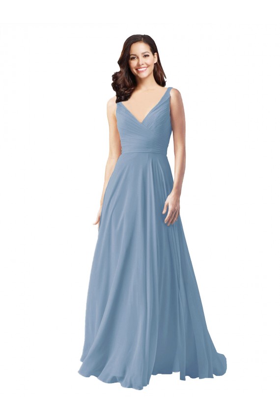 Bleu poussiéreux Trapèze Col V Mousseline Longue Robes demoiselle d'honneur Pas Cher