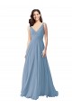 Bleu poussiéreux Trapèze Col V Mousseline Longue Robes demoiselle d'honneur Pas Cher