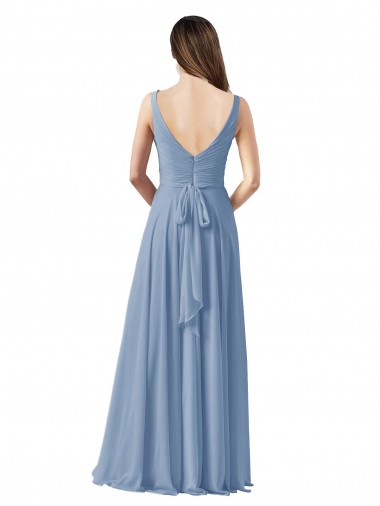 Bleu poussiéreux Trapèze Col V Mousseline Longue Robes demoiselle d'honneur