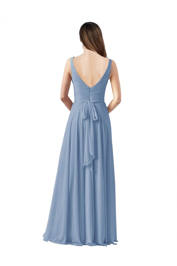 Bleu poussiéreux Trapèze Col V Mousseline Longue Robes demoiselle d'honneur Pas Cher