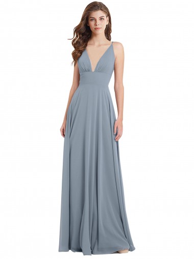 Bleu poussiéreux Trapèze Col V Mousseline Longue Robes demoiselle d'honneur Pas Cher