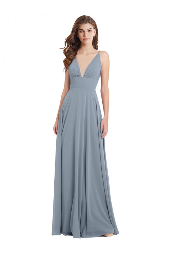 Bleu poussiéreux Trapèze Col V Mousseline Longue Robes demoiselle d'honneur Pas Cher