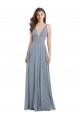 Bleu poussiéreux Trapèze Col V Mousseline Longue Robes demoiselle d'honneur Pas Cher
