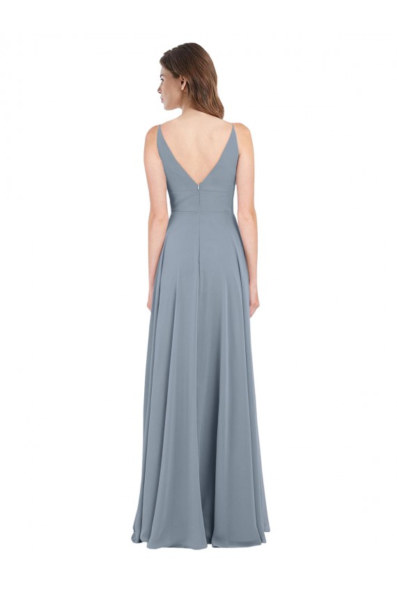 Bleu poussiéreux Trapèze Col V Mousseline Longue Robes demoiselle d'honneur Pas Cher