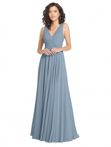 Bleu poussiéreux Trapèze Col V Mousseline Longue Robes demoiselle d'honneur Pas Cher