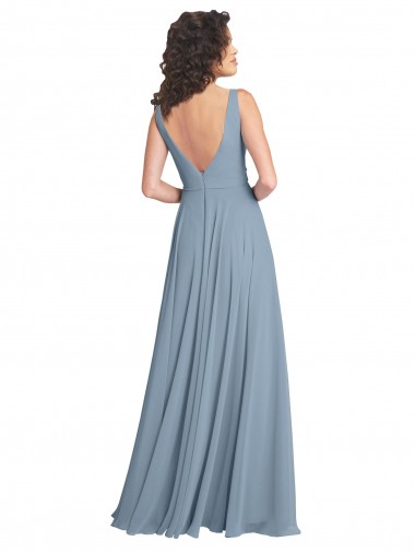 Bleu poussiéreux Trapèze Col V Mousseline Longue Robes demoiselle d'honneur