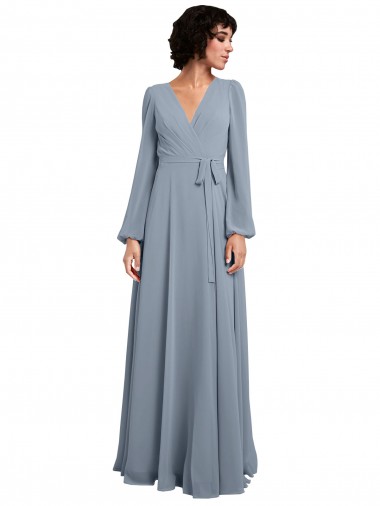 Bleu poussiéreux Trapèze Col V Mousseline Longue Robes demoiselle d'honneur Pas Cher