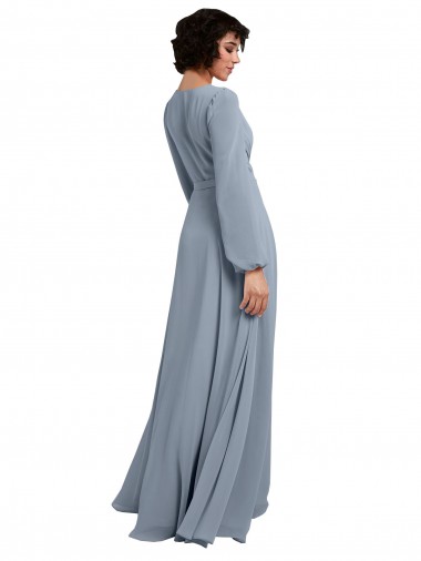 Bleu poussiéreux Trapèze Col V Mousseline Longue Robes demoiselle d'honneur