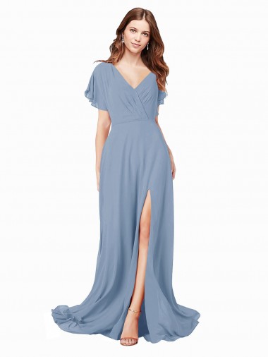 Bleu poussiéreux Trapèze Col V Mousseline Longue Robes demoiselle d'honneur / Robes de bal Pas Cher