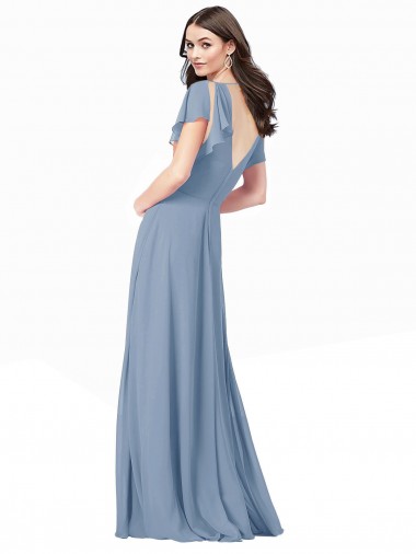 Bleu poussiéreux Trapèze Col V Mousseline Longue Robes demoiselle d'honneur / Robes de bal