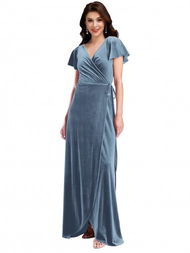 Bleu poussiéreux Trapèze Col V Velours Stretch Longue Robes demoiselle d'honneur / Robes de bal Pas Cher