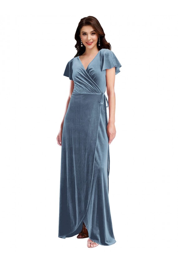 Bleu poussiéreux Trapèze Col V Velours Stretch Longue Robes demoiselle d'honneur / Robes de bal Pas Cher