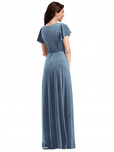 Bleu poussiéreux Trapèze Col V Velours Stretch Longue Robes demoiselle d'honneur / Robes de bal