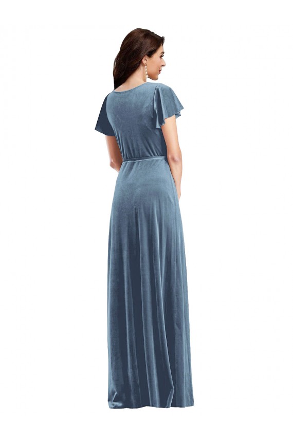 Bleu poussiéreux Trapèze Col V Velours Stretch Longue Robes demoiselle d'honneur / Robes de bal Pas Cher