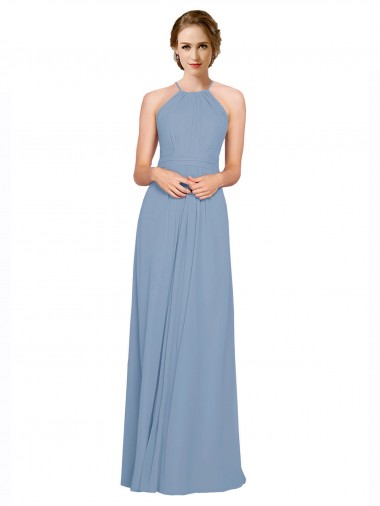 Bleu poussiéreux Trapèze Licou Col Haut Mousseline Longue Robes demoiselle d'honneur Pas Cher