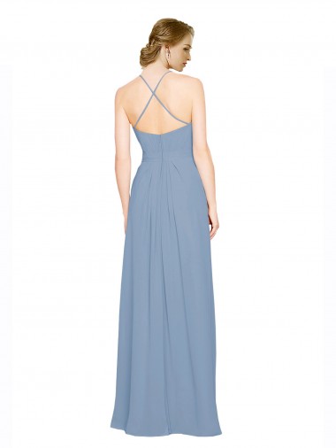 Bleu poussiéreux Trapèze Licou Col Haut Mousseline Longue Robes demoiselle d'honneur