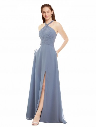 Bleu poussiéreux Trapèze Licou Col Haut Mousseline Longue Robes demoiselle d'honneur Pas Cher