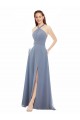 Bleu poussiéreux Trapèze Licou Col Haut Mousseline Longue Robes demoiselle d'honneur Pas Cher