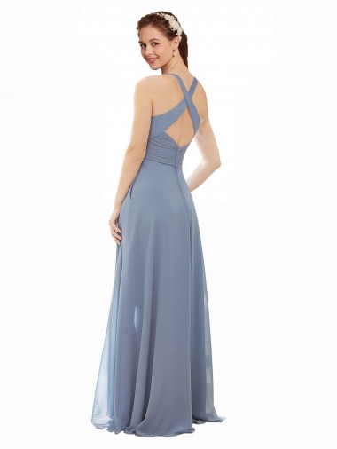Bleu poussiéreux Trapèze Licou Col Haut Mousseline Longue Robes demoiselle d'honneur