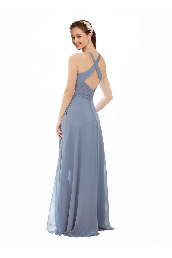 Bleu poussiéreux Trapèze Licou Col Haut Mousseline Longue Robes demoiselle d'honneur Pas Cher
