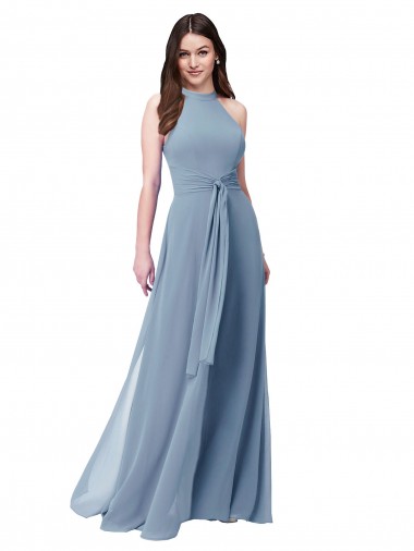 Bleu poussiéreux Trapèze Licou Col Haut Mousseline Longue Robes demoiselle d'honneur Pas Cher