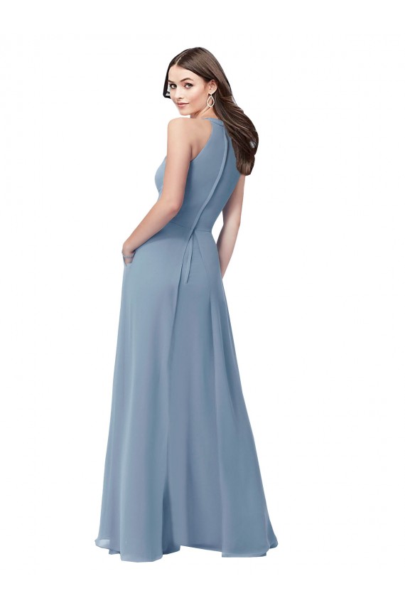 Bleu poussiéreux Trapèze Licou Col Haut Mousseline Longue Robes demoiselle d'honneur Pas Cher