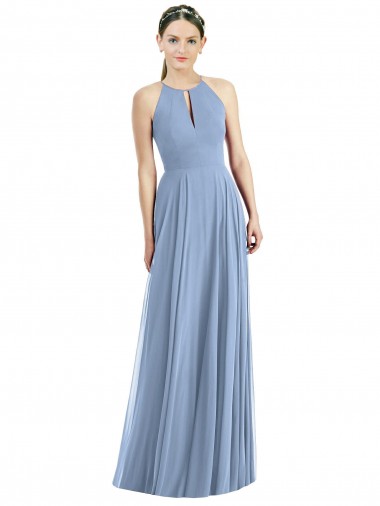 Bleu poussiéreux Trapèze Licou Mousseline Longue Robes demoiselle d'honneur Pas Cher