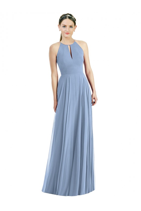 Bleu poussiéreux Trapèze Licou Mousseline Longue Robes demoiselle d'honneur Pas Cher