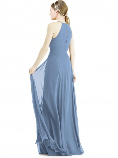 Bleu poussiéreux Trapèze Licou Mousseline Longue Robes demoiselle d'honneur
