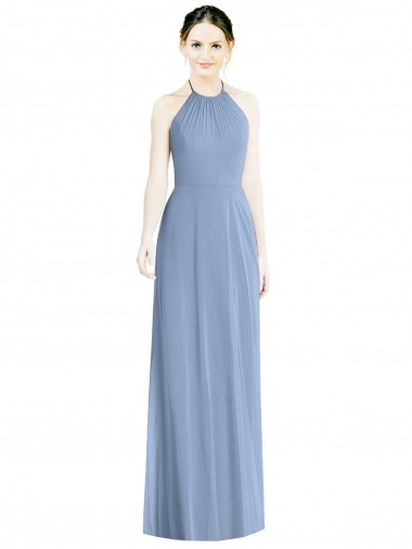 Bleu poussiéreux Trapèze Licou Mousseline Longue Robes demoiselle d'honneur Pas Cher