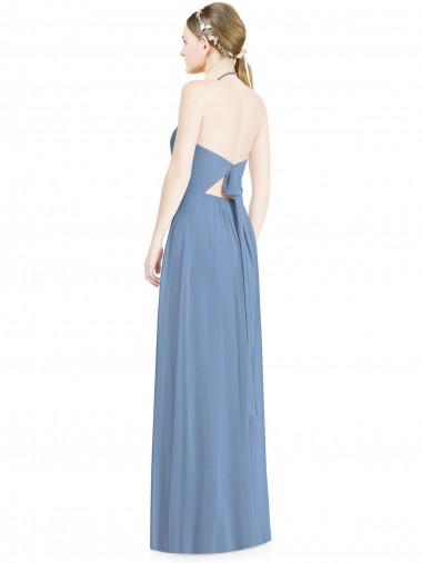 Bleu poussiéreux Trapèze Licou Mousseline Longue Robes demoiselle d'honneur