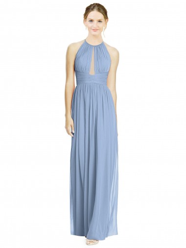 Bleu poussiéreux Trapèze Licou Mousseline Longue Robes demoiselle d'honneur Pas Cher