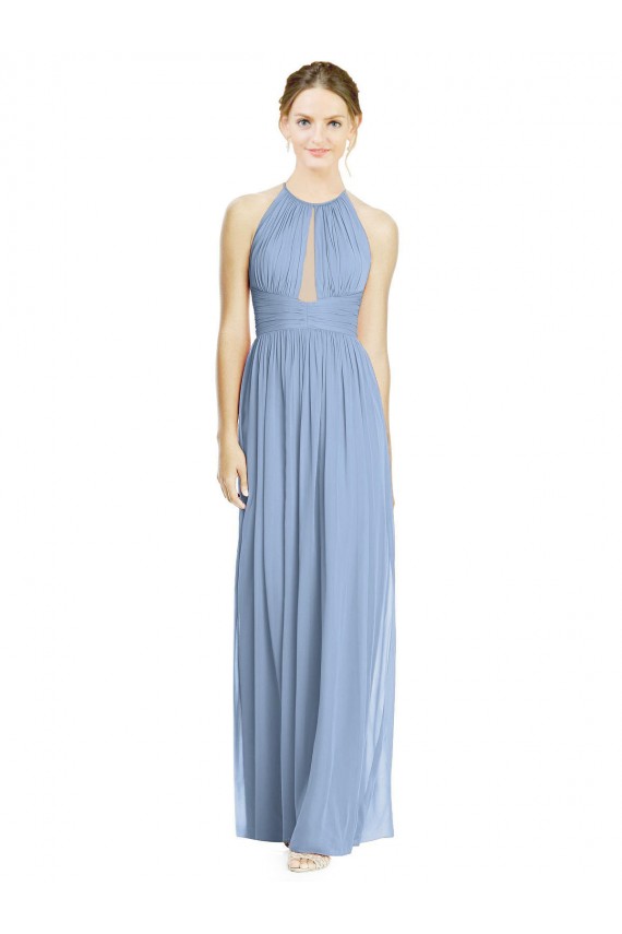 Bleu poussiéreux Trapèze Licou Mousseline Longue Robes demoiselle d'honneur Pas Cher